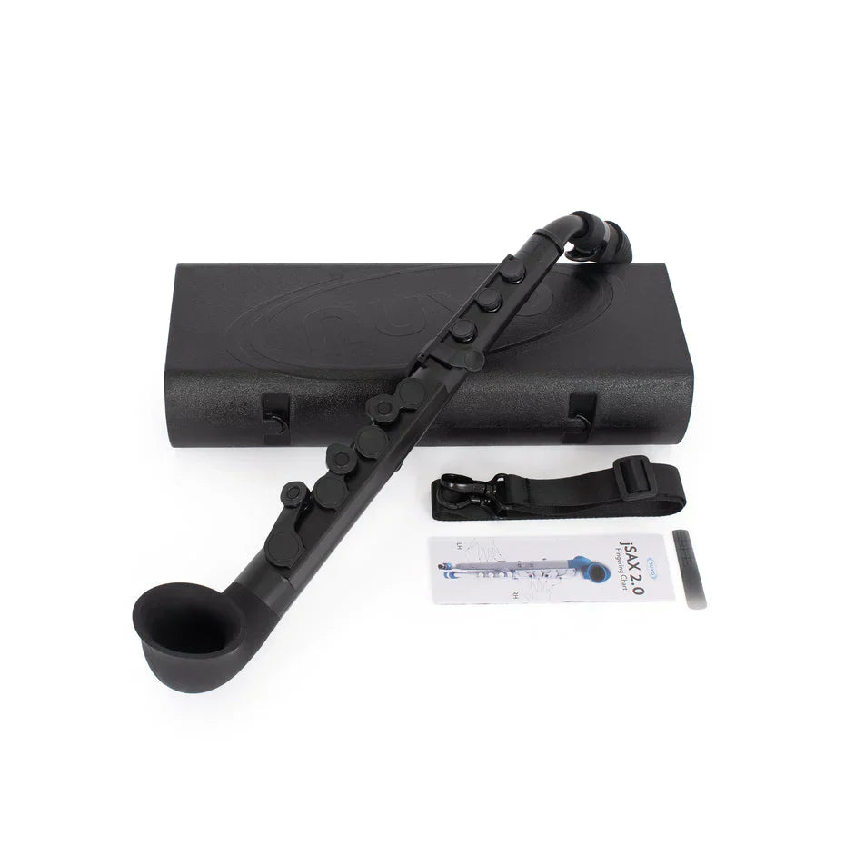 The Nuvo WindStars jSax Class Set of 10 includes black plastic woodwind instruments with large keys, mouthpieces, curved bells, carrying cases, straps, reeds, and instruction sheets—ideal for starter players or classroom music bundles.