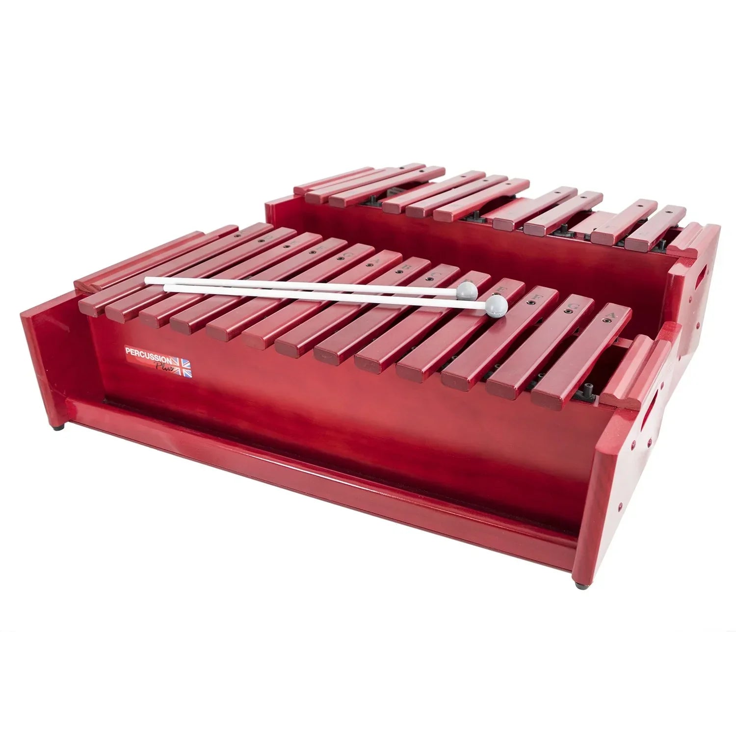 The Percussion Plus Classic Red Box Alto Xylophone (Chromatic Half Only) features red wooden bars in two rows and comes with a pair of white mallets on top, making it perfect for any classroom ensemble.
