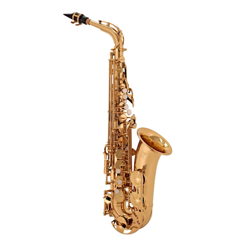 The Yamaha YAS-280 Alto Student Saxophone features a shiny gold finish with black and white keys, displayed against a white background.