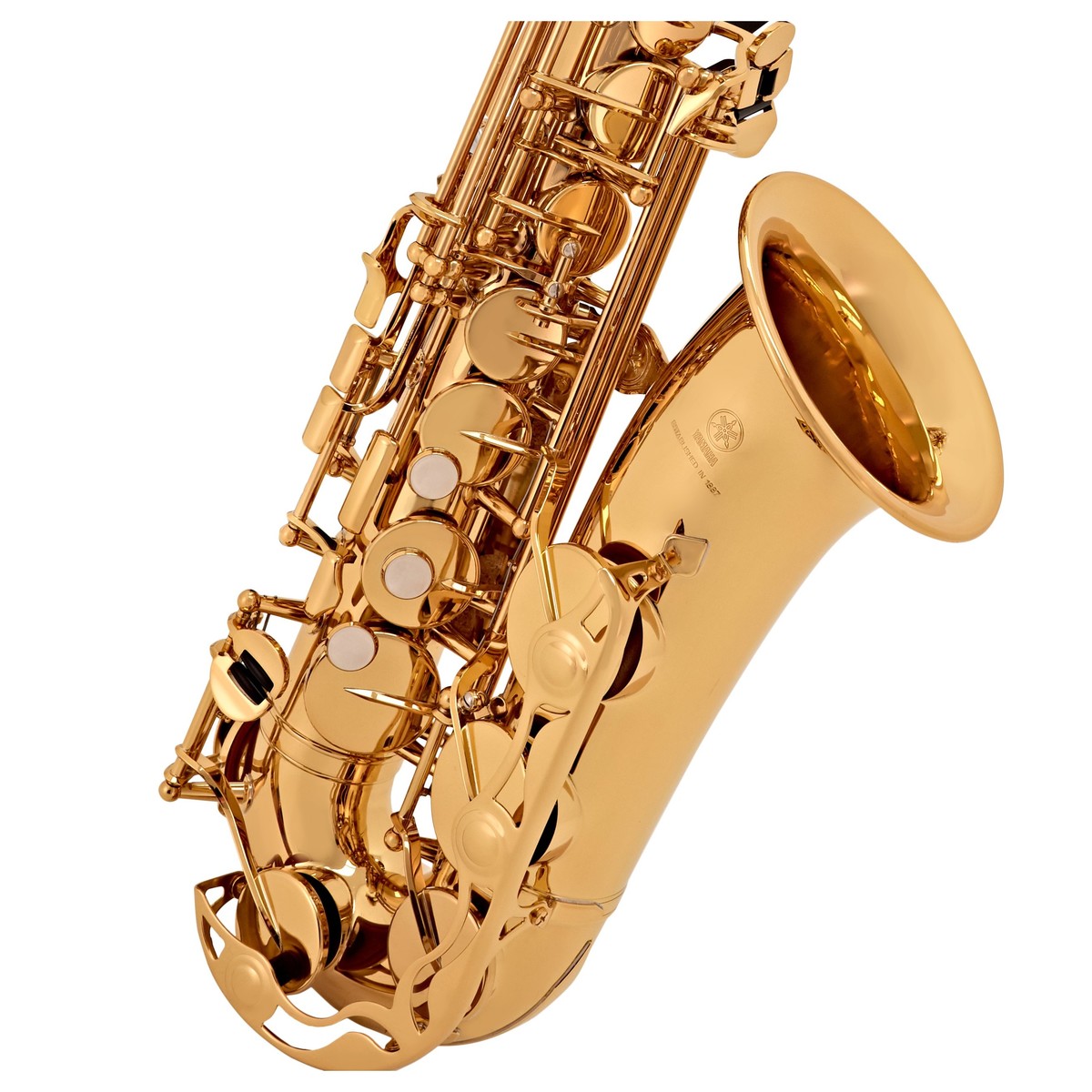 Close-up of the shiny Yamaha YAS-280 Alto Student Saxophone, highlighting its detailed keys, buttons, and curved bell against a white background—an excellent instrument for students.