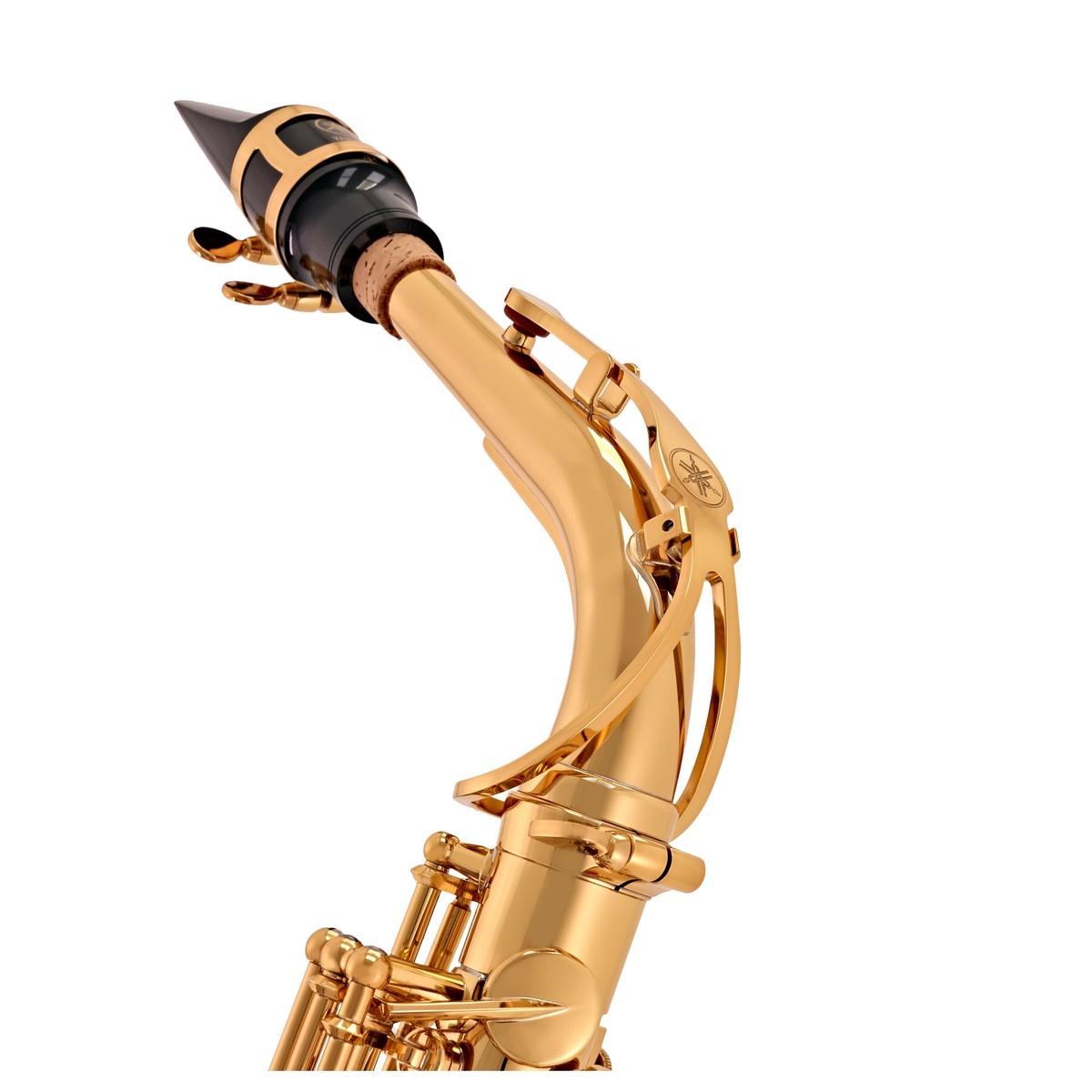 Close-up of the neck and mouthpiece on a shiny gold Yamaha YAS-280 Alto Student Saxophone against a white background, with its intricate keys and brand logo showcasing this quality student instrument.