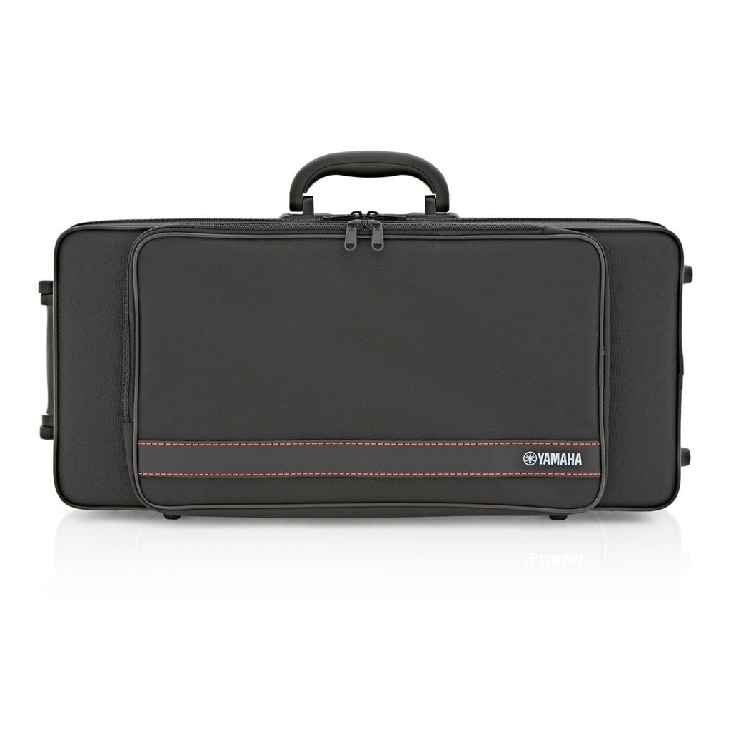 A closed black Yamaha YAS-280 Alto Student Saxophone case with red stitching, a top handle, and a front zipper pocket is shown against a white background.