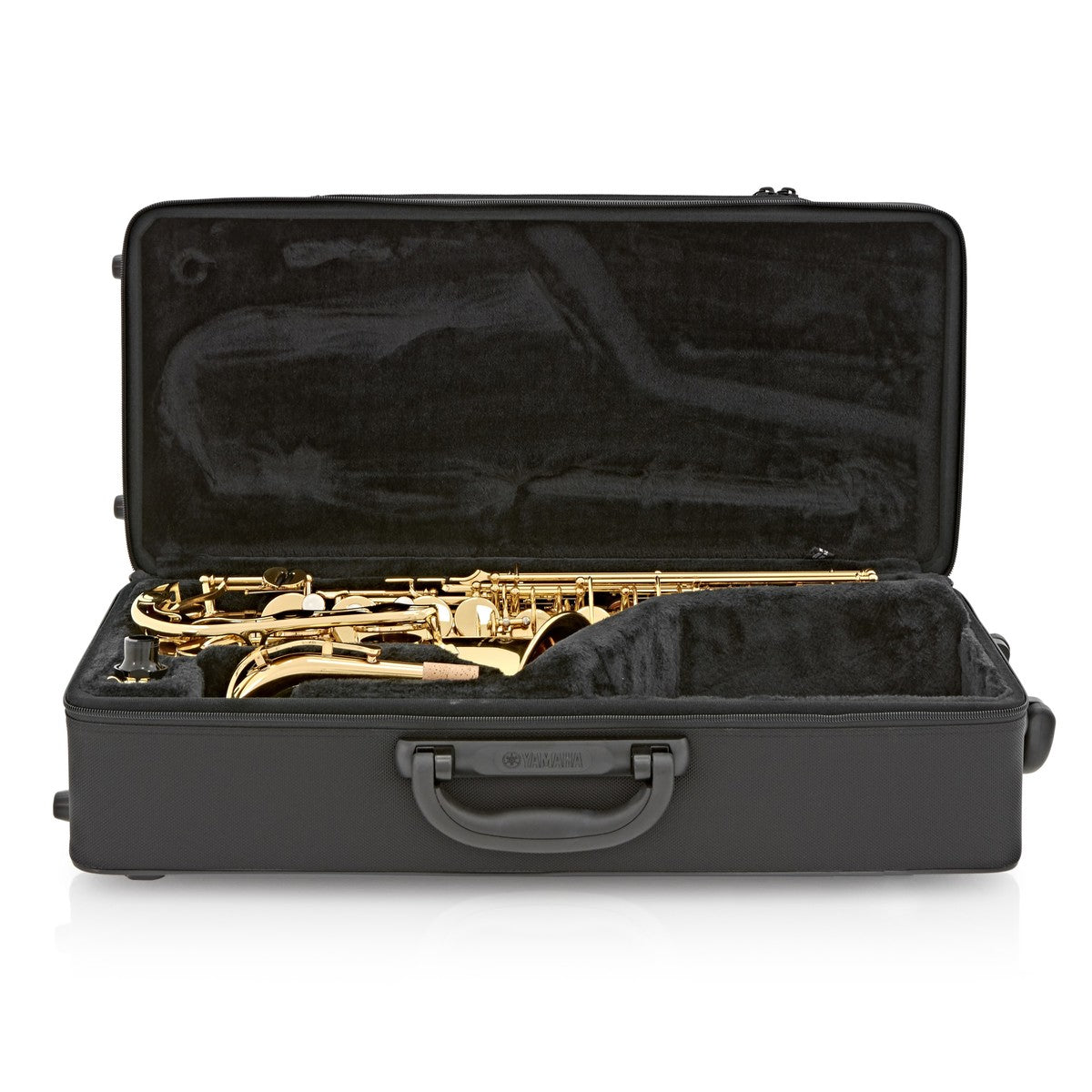 A gold Yamaha YAS-280 Alto Student Saxophone sits in an open, black, velvet-lined hard case with a handle, viewed from the front.