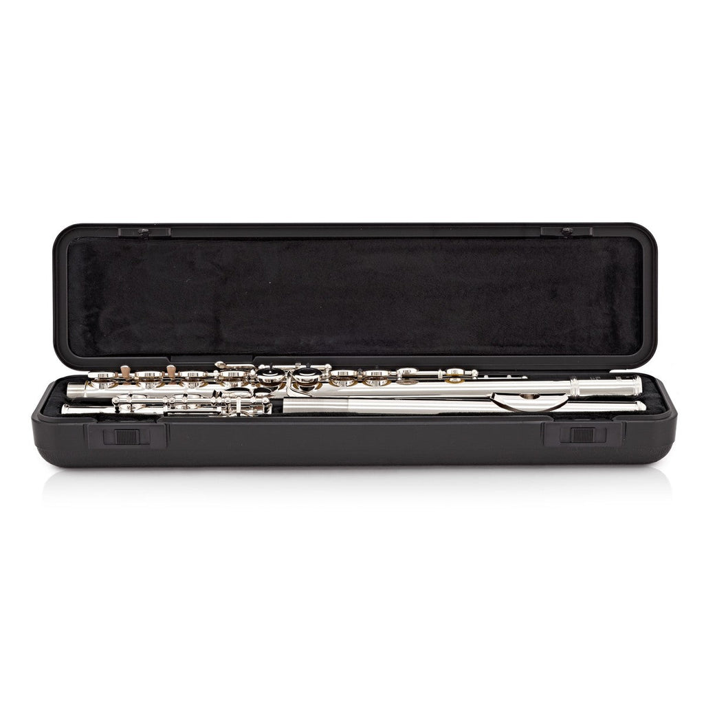 A Yamaha YFL-212 Student Flute is shown inside an open black rectangular hard case lined with black velvet, placed on a white background.