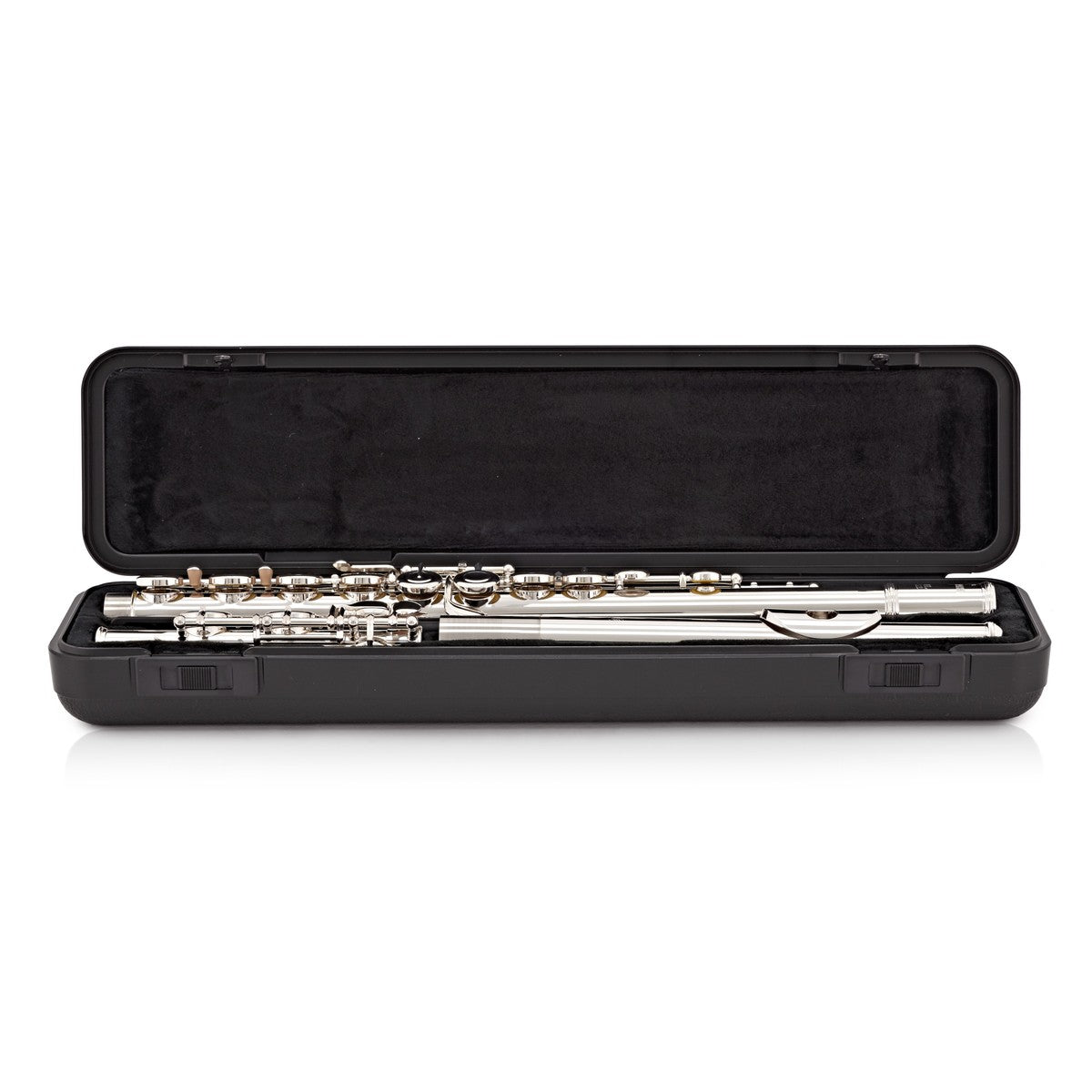A Yamaha YFL-212 Student Flute is shown inside an open black rectangular hard case lined with black velvet, placed on a white background.