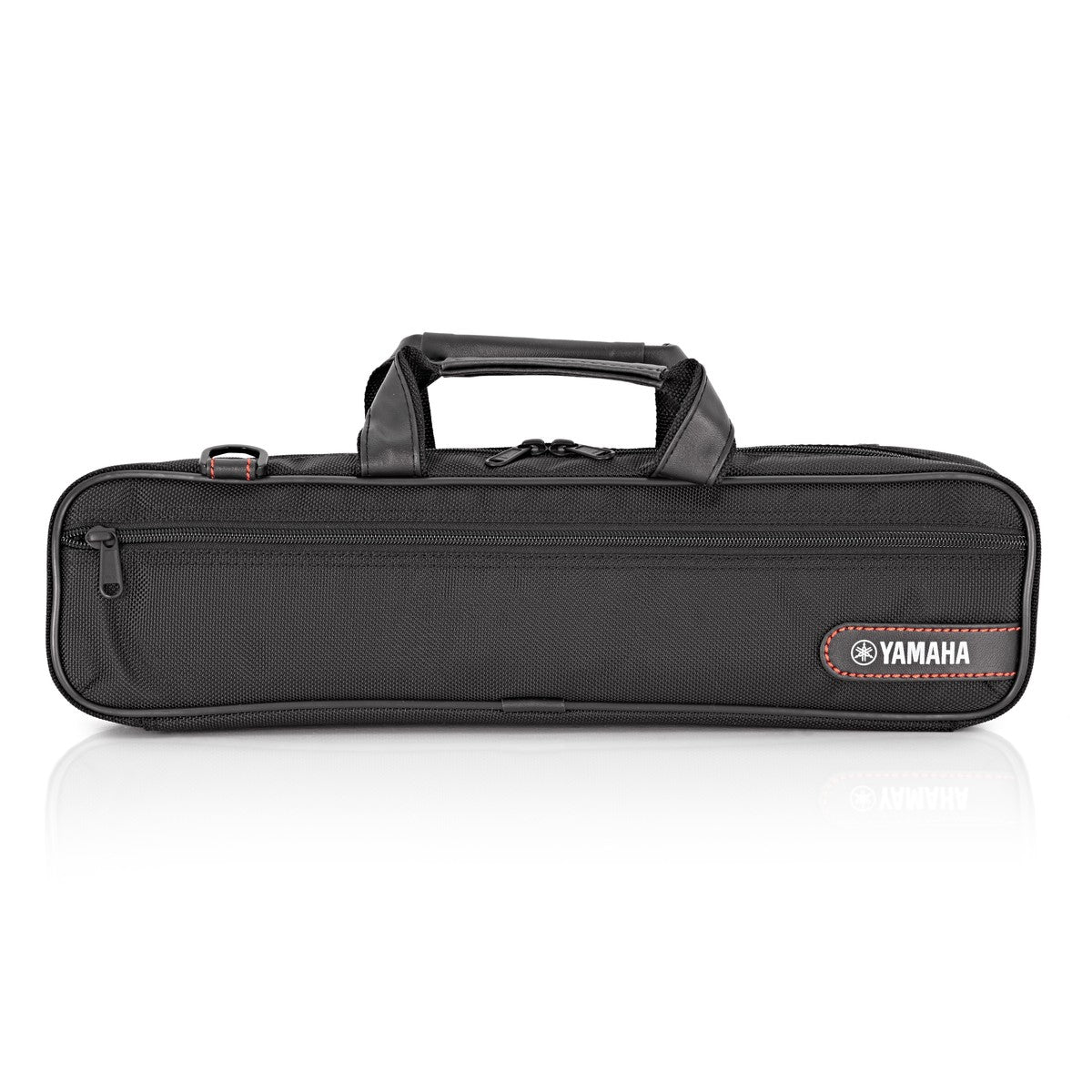 A black Yamaha carrying case with a zipper, front pocket, and dual handles, designed to hold the Yamaha YFL-212 Student Flute or similar beginner flutes.