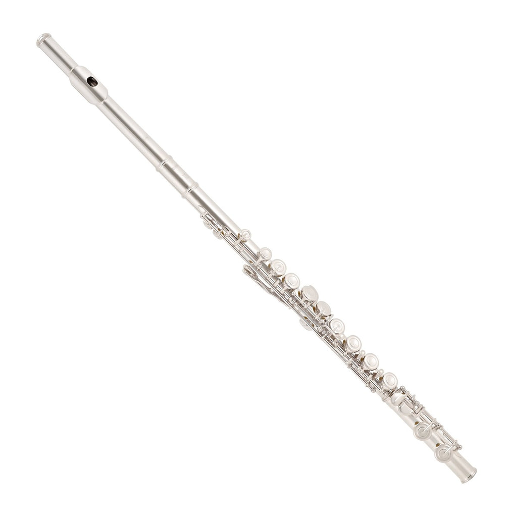 The Yamaha YFL-212 Student Flute, featuring a silver finish and closed keys, is shown on a white background—ideal for beginners.