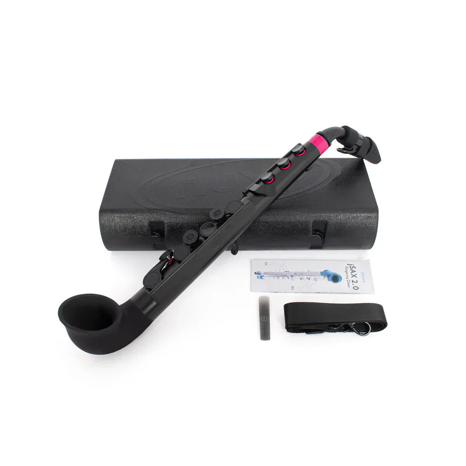 The Nuvo WindStars jSax Class Set of 10 includes pink-accented woodwind instruments, black carrying cases, neck straps, mouthpieces, and instruction cards—ideal for a classroom music bundle.