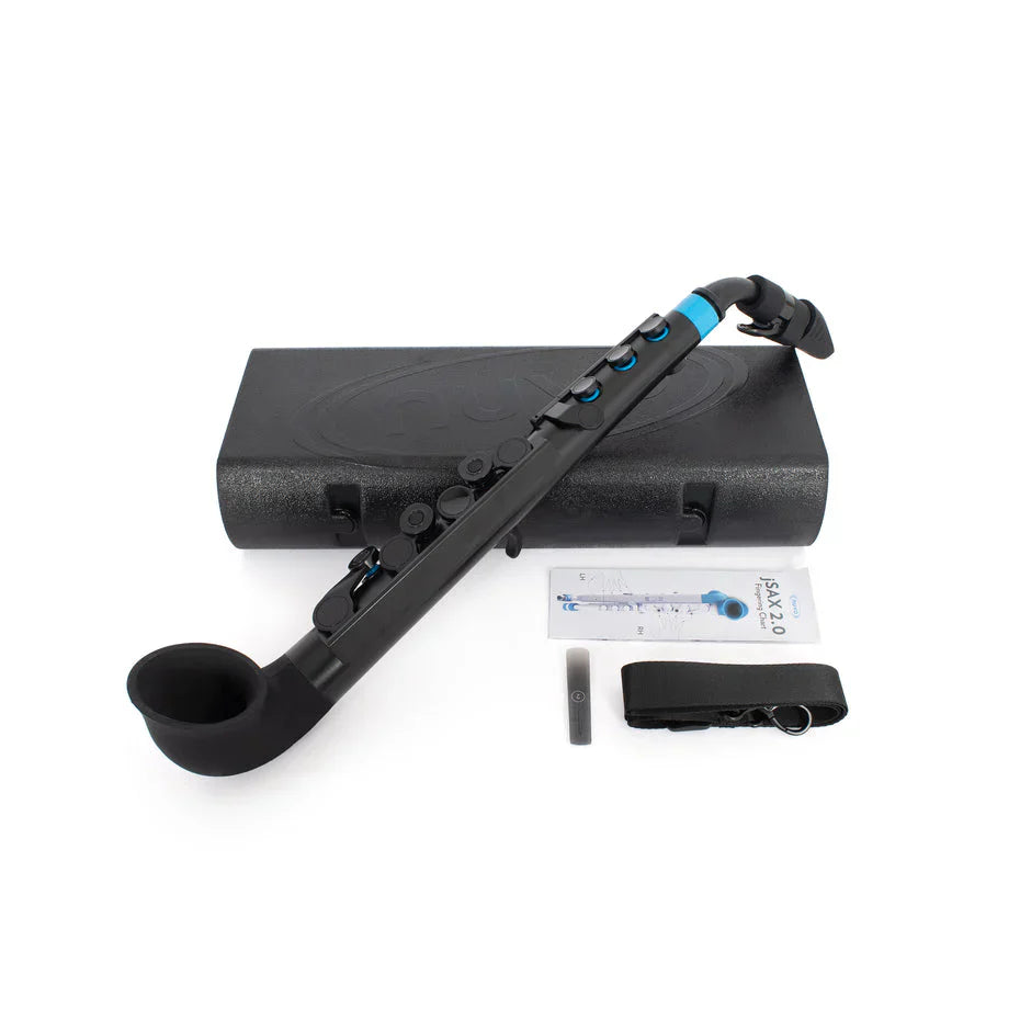 The Nuvo WindStars jSax Class Set of 10 features black plastic woodwind instruments with blue accents, each paired with a hard case, neck strap, cleaning rod, accessory, and instructions—perfect for classroom music use.