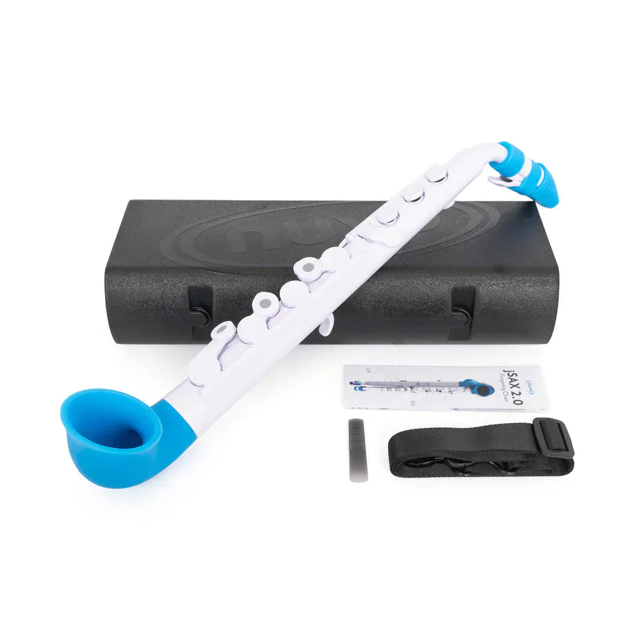 A Nuvo WindStars jSax Class Set of 10, featuring white and blue jSax woodwind instruments with black carrying cases, straps, reeds, and instruction booklets, is arranged on a white background.