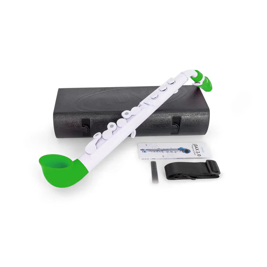 The Nuvo WindStars jSax Class Set of 10 includes white and green woodwind instruments with buttons, each paired with a black carrying case, strap, reed, and instruction card—perfect for classroom music—displayed on a white background.