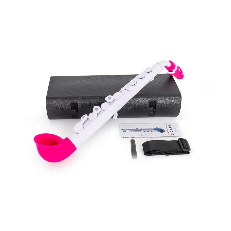 The Nuvo WindStars jSax Class Set of 10 includes white and pink woodwind instruments, each with a black carrying case, strap, reed, and manual—perfect for classroom music lessons—all shown on a white background.