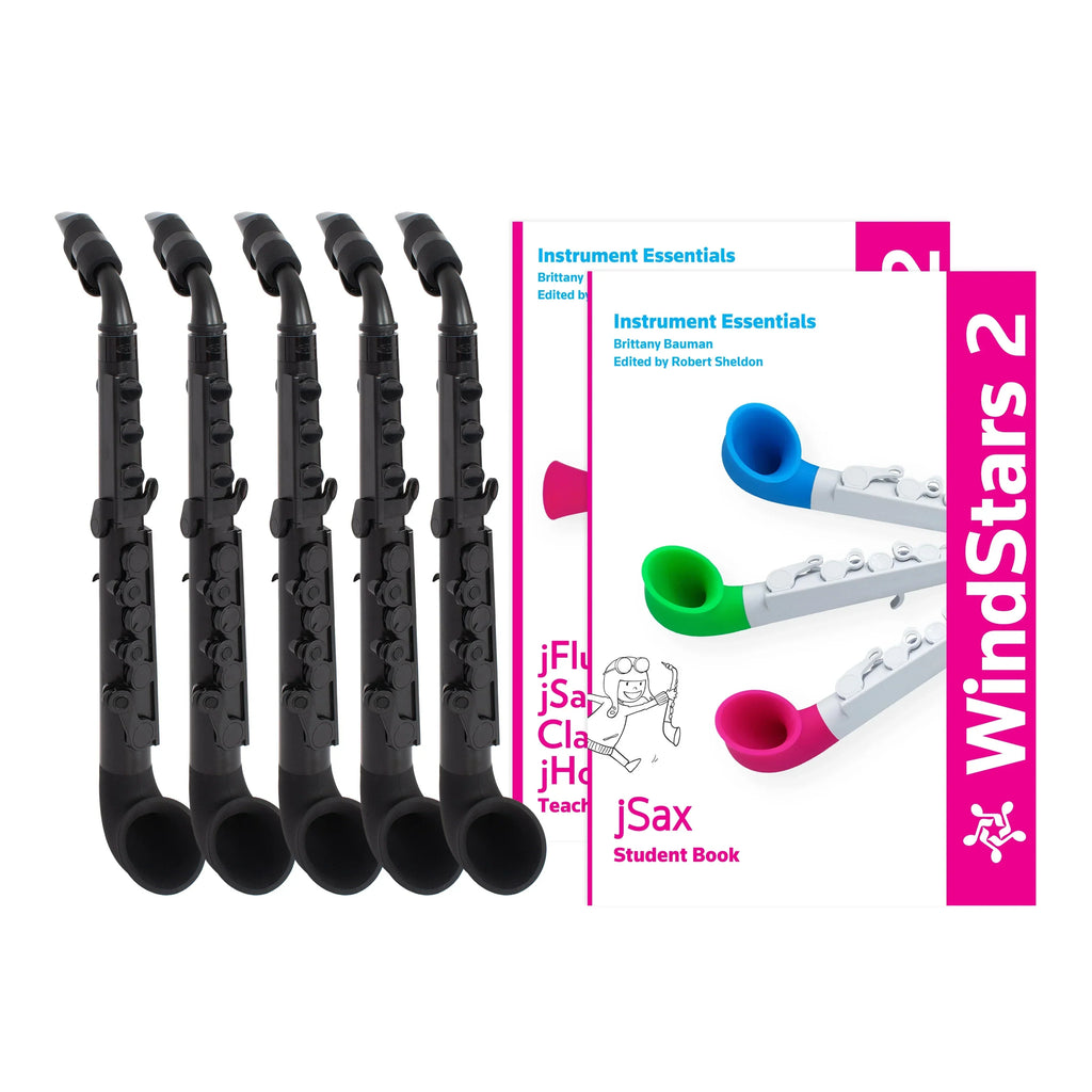 The Nuvo WindStars jSax Class Set of 10 includes ten black jSax woodwind instruments and two WindStars 2: jSax Student Books, forming a vibrant classroom bundle ideal for young musicians.